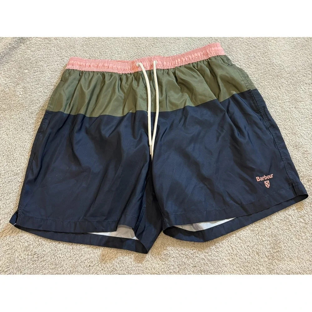 Barbour Swim Shorts XXL Colorblock Navy Olive‎ Pink Lined Beach Trunks
